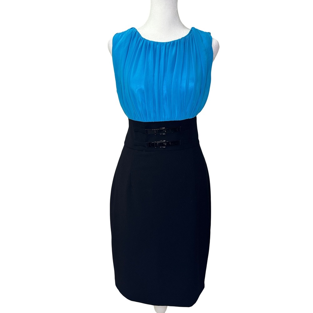 Calvin Klein Sheath Dress Womens 6 Blue Black Colorblock Buckle Waist Career